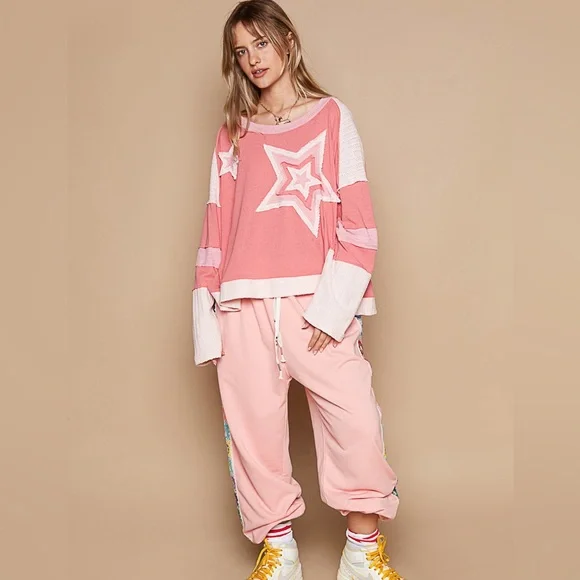 POL star sweater patchwork boho floral patchwork long sleeve pink cream - Picture 5 of 5